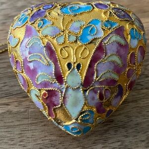 Cloisonné Gold with Butterflies and flowers Heart Shaped Ornament 2.5"